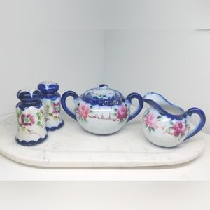 NIPPON PORCELAIN COBALT MORIAGE FLOWERS SUGAR BOWL CREAMER AND SALT & PEPPER
